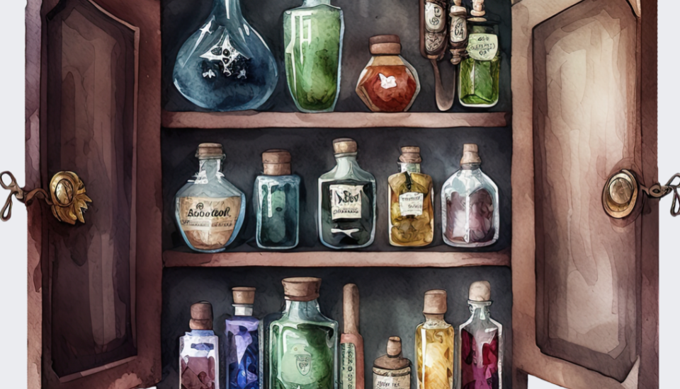 des fioles de potions de toutes les couleurs sur 3 étagères d'un placard en bois.
