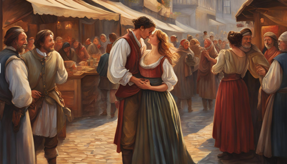 une place de marché médiéval, un couple s'embrasse