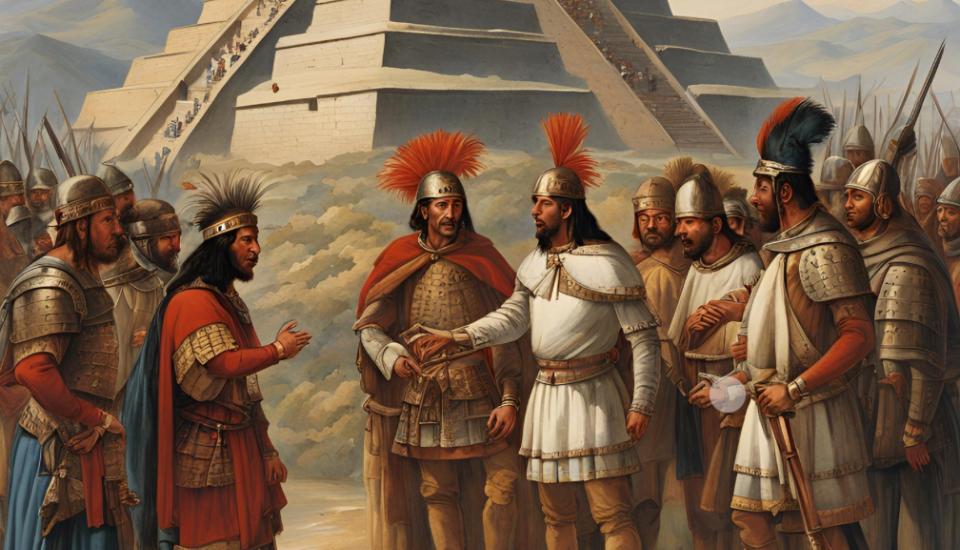 un empereur inca passe un accord avec les conquistadors espagnols devant une pyramide