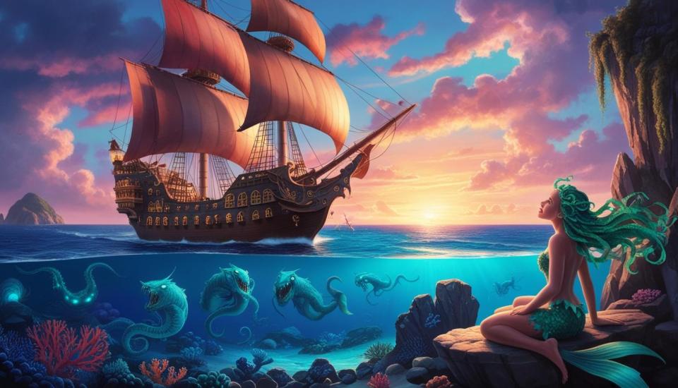 sur l'océan un navire à voile de flibustier, sous l'eau dans les profondeurs des monstres marins, une sirène sur un rocher observe le soleil couchant