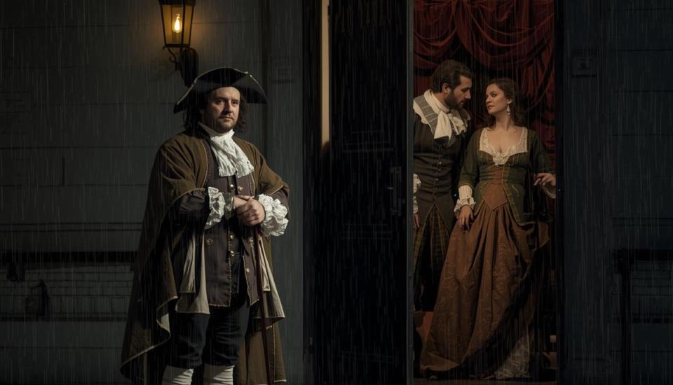 un homme du XVIIIe siècle attend dehors, la nuit, sous la pluie, avec une lanterne au dessus de lui. la porte est ouverte et on voit Don Juan séduire une femme à l'intérieur du bâtiment.