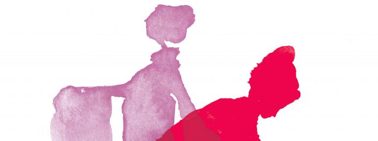 Détail de deux silhouettes féminines habillées en kimono traditionnel, l'une debout regardant à gauche, l'autre agenouillée regardant le sol, vers la droite.