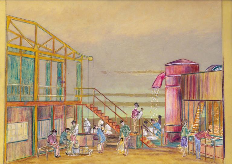 Projet de scénographie © Alwyne de Dardel Illustration de L'Élixir d'amour, présentant un décor agricole : ferme, silo à grains et ouvriers