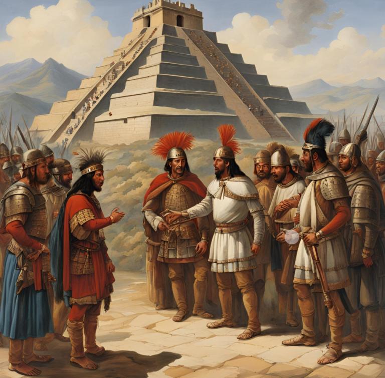 un empereur inca passe un accord avec les conquistadors espagnols devant une pyramide