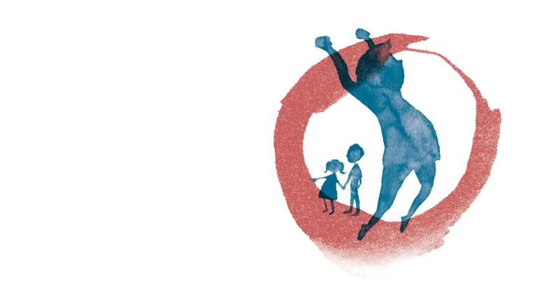 Trois enfants dessinés à l'aquarelle dans un cercle