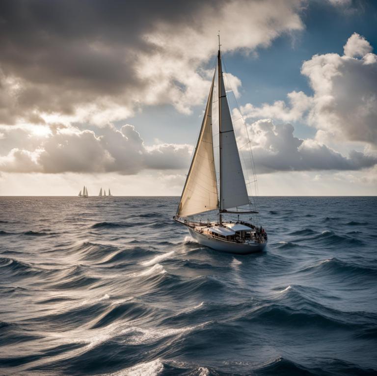 un bateau à voile navigue sans vent sur la mer. Il y a des nuages et on voit d'autres voiliers sur le fond de mer. 