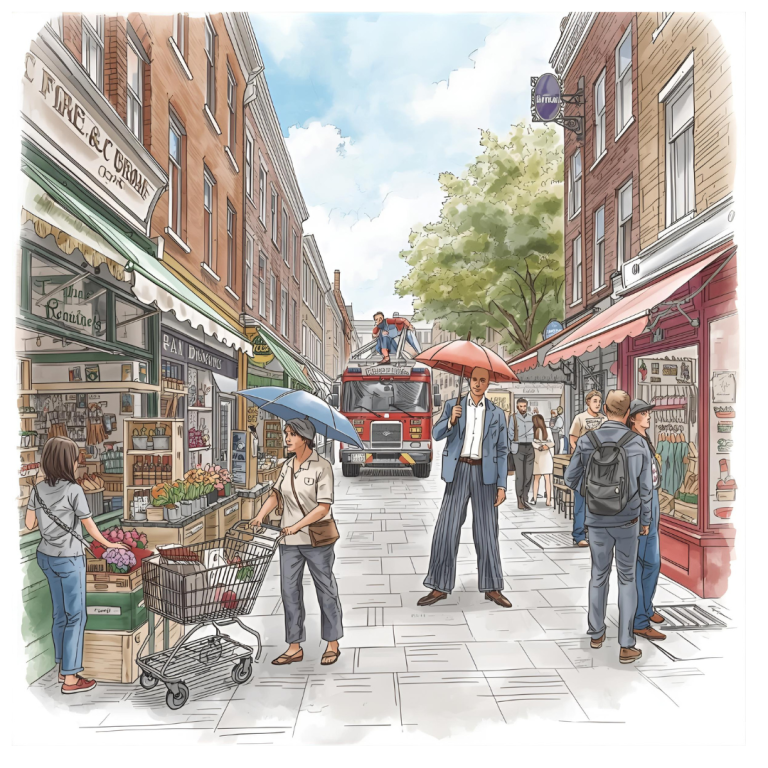 un dessin qui se passe dans dans la rue on voit des gens étonnants, des voisins, des commerçants, des passants, une dame qui pousse un vieux caddie, un monsieur avec son parapluie, une personne en échasses, un camion de pompier, une fleuriste qui discute avec le boucher-charcutier
