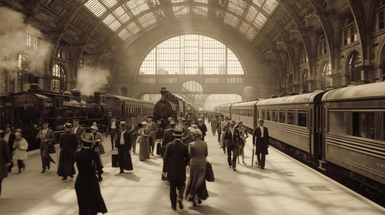 des passants et des employés de gare dans une gare parisienne au XIXeme siècle, avec un grand dôme, des trains. Le tout en noir et blanc comme sur une vieille photographie
